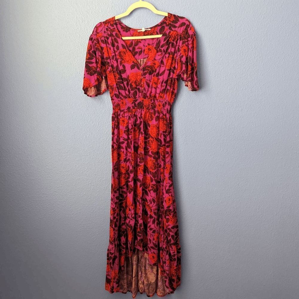 Abel the Label Dress Hi/Low Smocked Flutter Sleeve Red Pink Black Floral XSmall